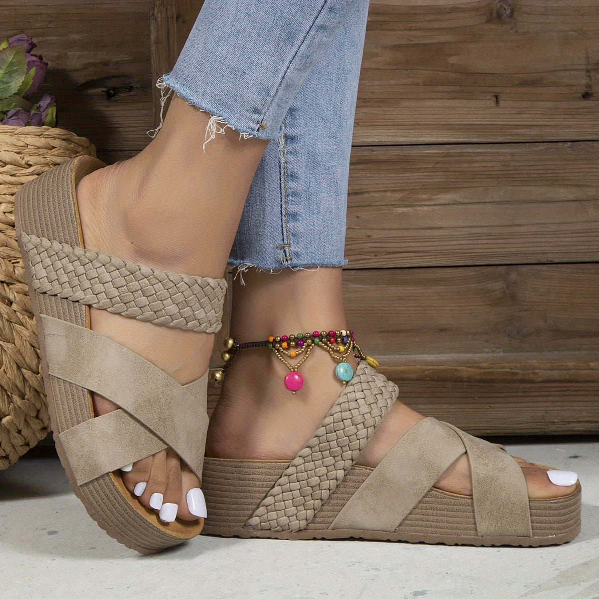 Caitlin | Woven Platform Sandals – Cross-Strap Slip-On Comfort