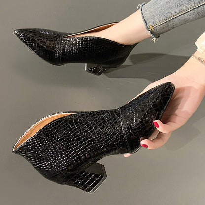 Mirevina | Women’s Orthopedic Croc-Embossed Pointed Toe Block Heel Pumps