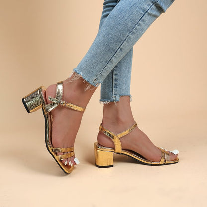 Orthopedic Balance Metallic Ankle Strap Block Heel Sandals