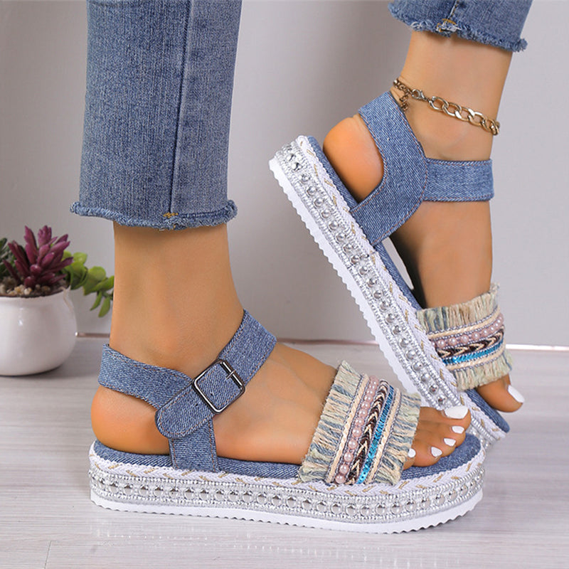 Orthopedic Balance Denim Sandals With Fringe, Ethnic And Unique Style For Summer