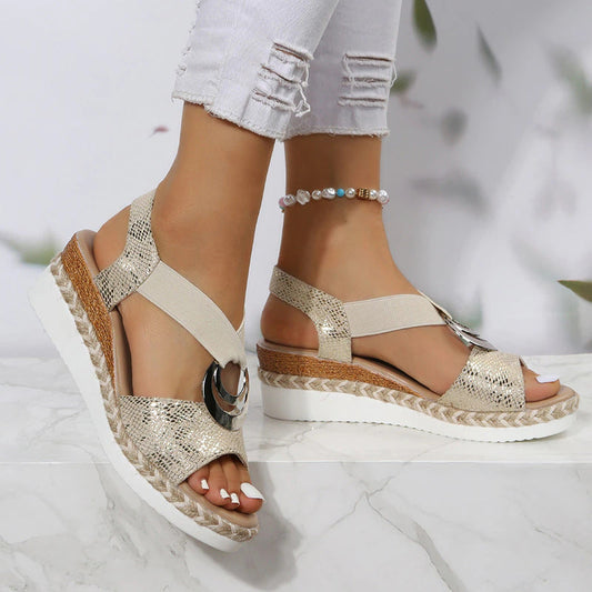 Lea | Elastic Strap Wedge Sandals with Decorative Buckle
