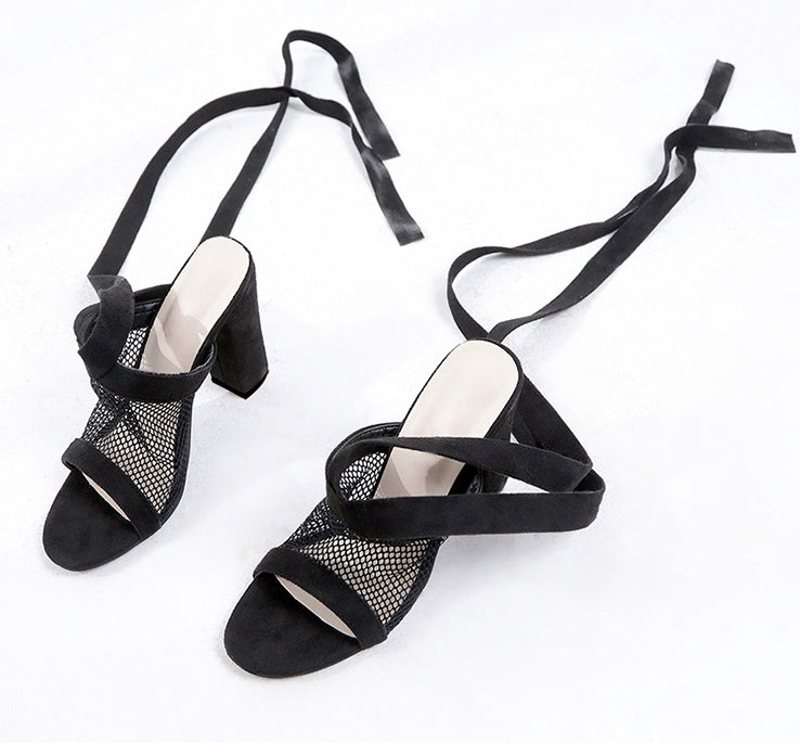 NoirLace | Bandage Block Heel Sandals with Mesh Detail