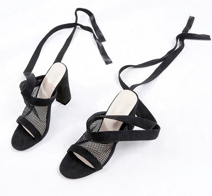 NoirLace | Bandage Block Heel Sandals with Mesh Detail
