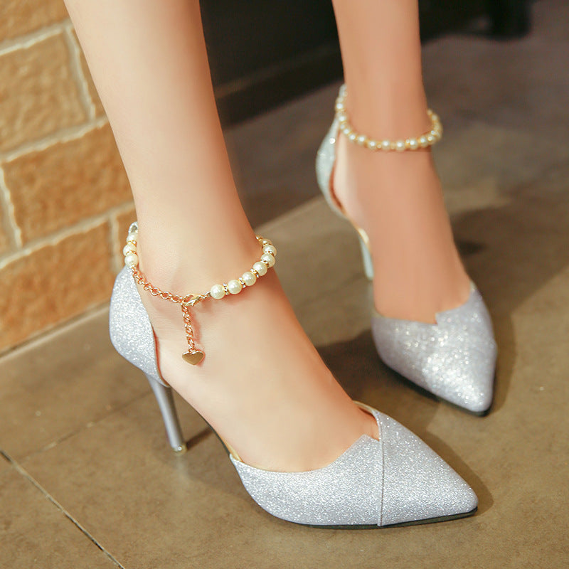 Sarah | Elegant Glitter Pumps with Pearl Ankle Strap & Slim Stiletto Heel