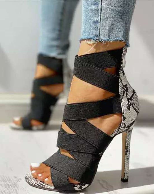Orthopedic Balance Snake Print Stiletto Sandals With Criss-Cross Straps