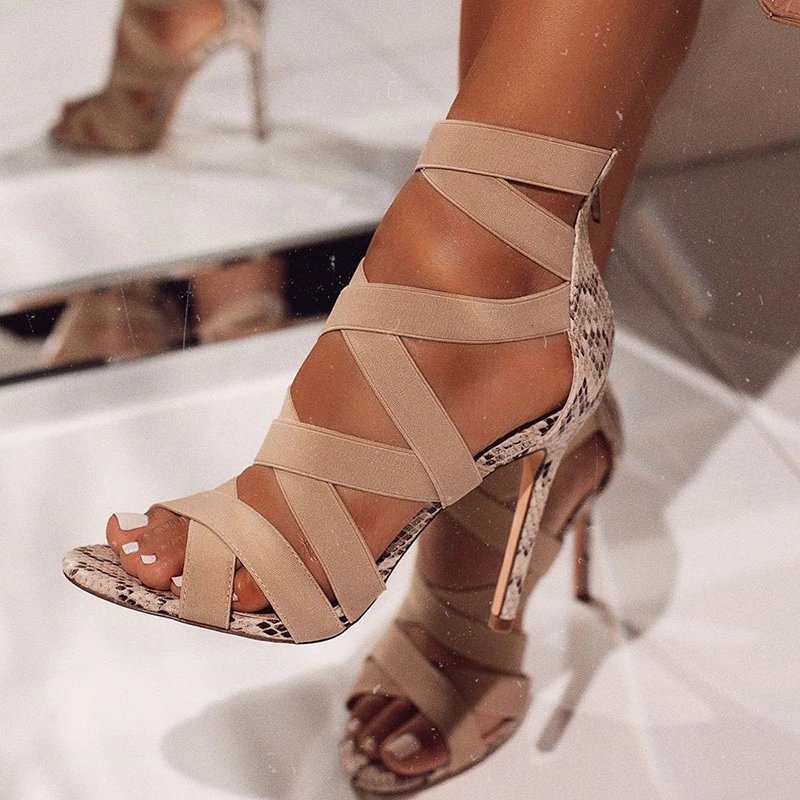 Orthopedic Balance Snake Print Stiletto Sandals With Criss-Cross Straps