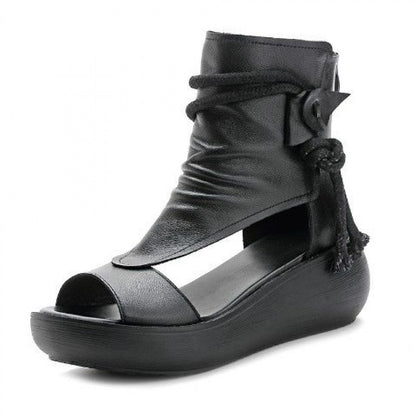 Lexa | Vintage Leather Open-Toe Wedge Sandals – Boho Ankle Wrap Design
