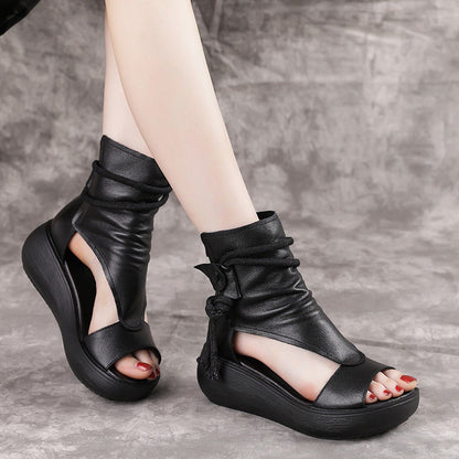 Lexa | Vintage Leather Open-Toe Wedge Sandals – Boho Ankle Wrap Design