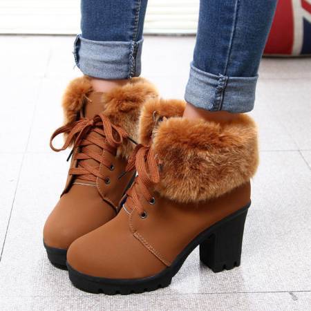 Juliette | Fur-Collar Lace-Up Block Heel Winter Boots