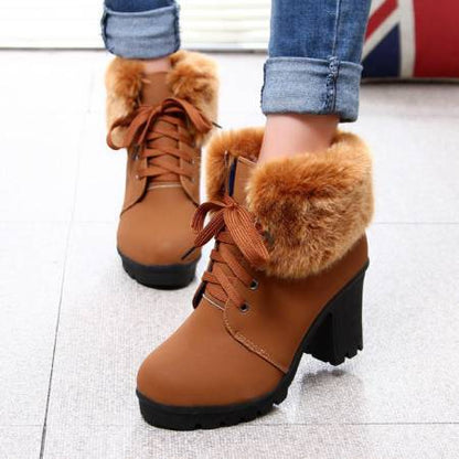 Juliette | Fur-Collar Lace-Up Block Heel Winter Boots