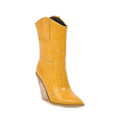 Querida | Embossed Pointed-Toe Block Heel Ankle Boots