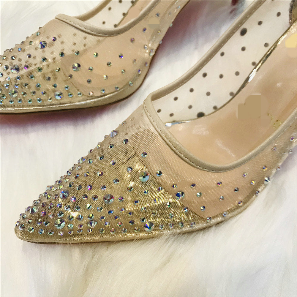 Orthopedic Balance Transparent Mesh High Heels With Rhinestones