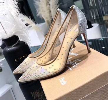 Orthopedic Balance Transparent Mesh High Heels With Rhinestones