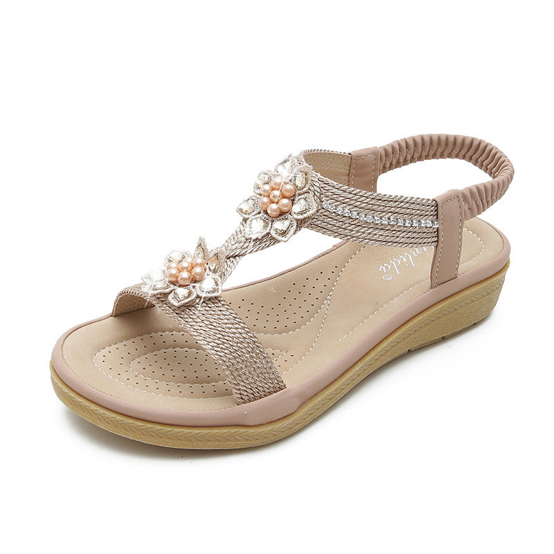 Orthopedic Balance Boho Flat Sandals With Unique Flowers And Rhinestones