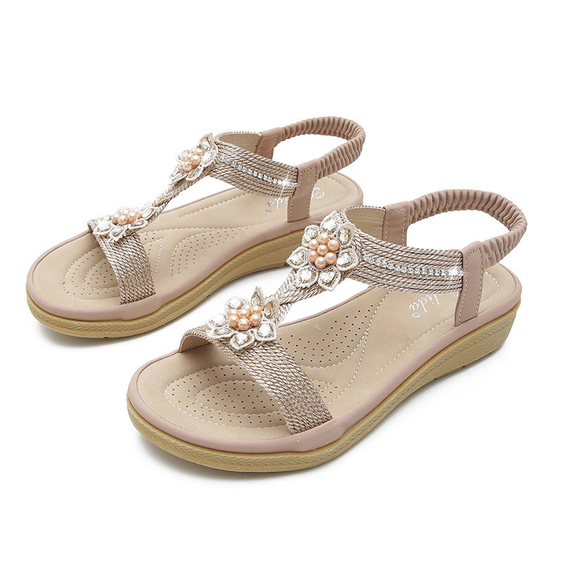 Orthopedic Balance Boho Flat Sandals With Unique Flowers And Rhinestones