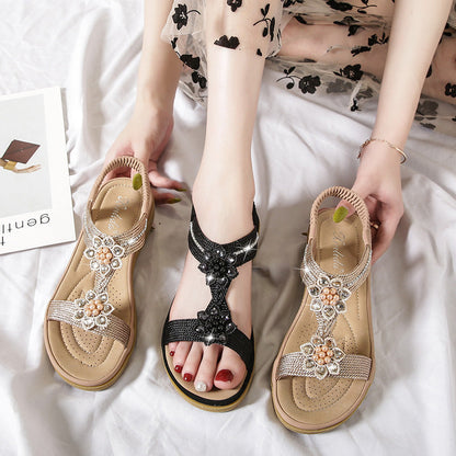 Orthopedic Balance Boho Flat Sandals With Unique Flowers And Rhinestones