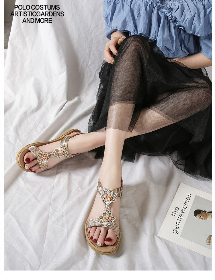 Orthopedic Balance Boho Flat Sandals With Unique Flowers And Rhinestones