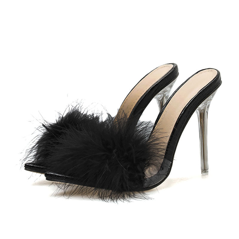 Winie | Luxe Fluffy Stiletto Heels with Open-Toe Slip-On Design