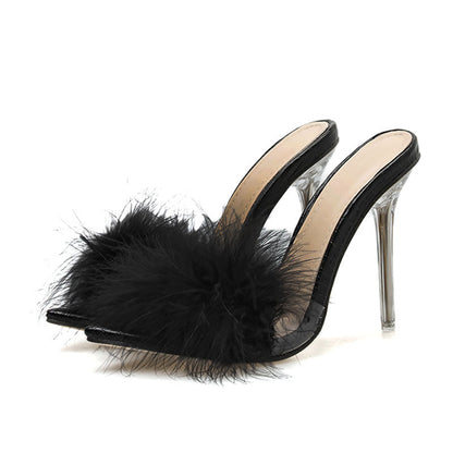 Winie | Luxe Fluffy Stiletto Heels with Open-Toe Slip-On Design