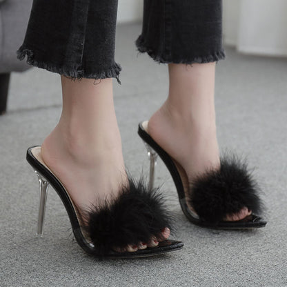 Winie | Luxe Fluffy Stiletto Heels with Open-Toe Slip-On Design