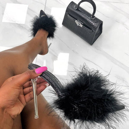 Winie | Luxe Fluffy Stiletto Heels with Open-Toe Slip-On Design