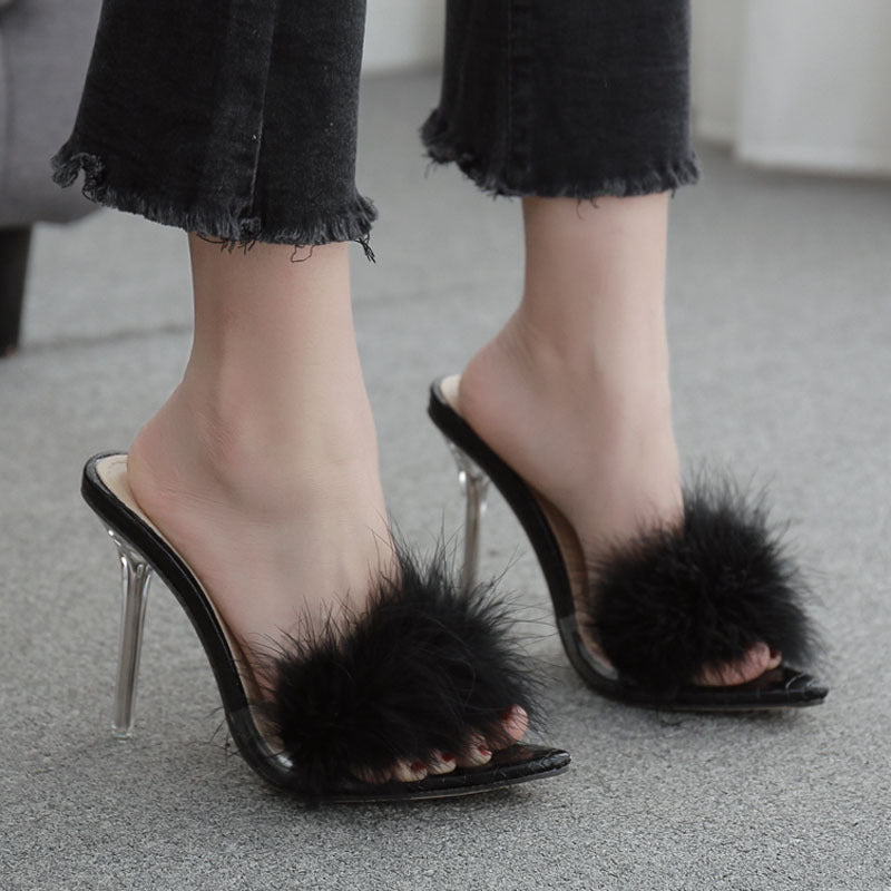 Winie | Luxe Fluffy Stiletto Heels with Open-Toe Slip-On Design
