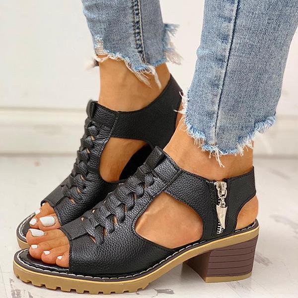 Haisley | Cut-Out Leather Sandals with Low Block Heel