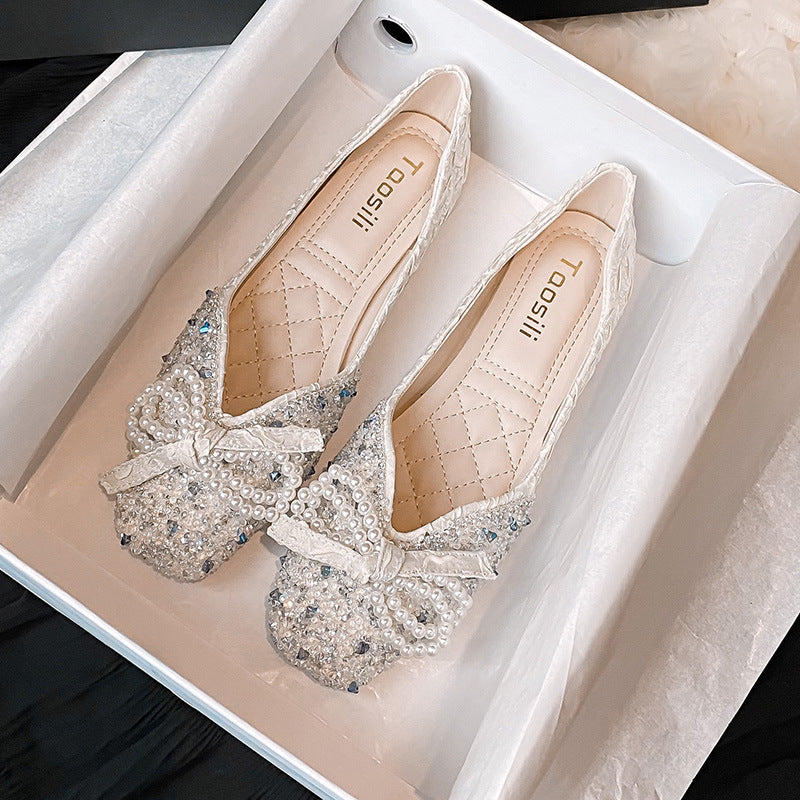 Orthopedic Balance Square Toe Flats - Rhinestone Pearl Detail