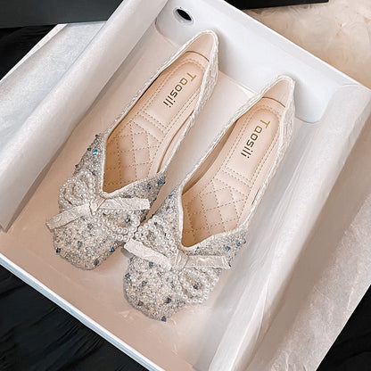 Orthopedic Balance Square Toe Flats - Rhinestone Pearl Detail