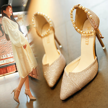 Sarah | Elegant Glitter Pumps with Pearl Ankle Strap & Slim Stiletto Heel