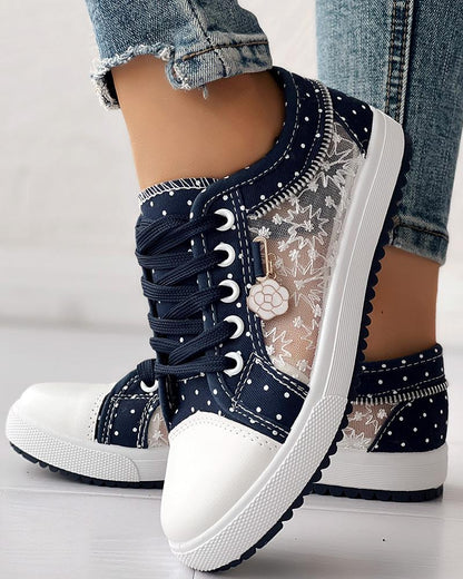 Calista | Denim Lace-Up Sneakers – Breathable Floral Mesh Design