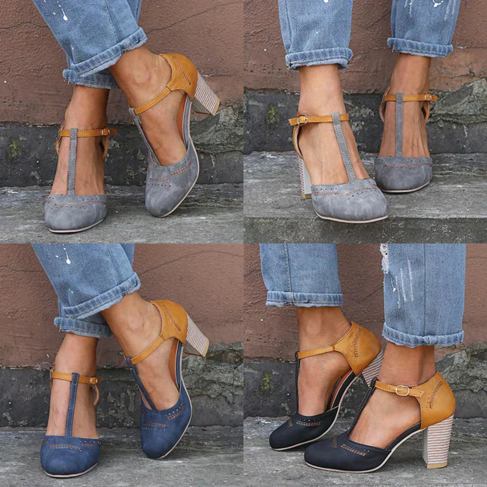 Faizah | Women’s Two-Tone Orthopedic T-Strap Block Heel Pumps