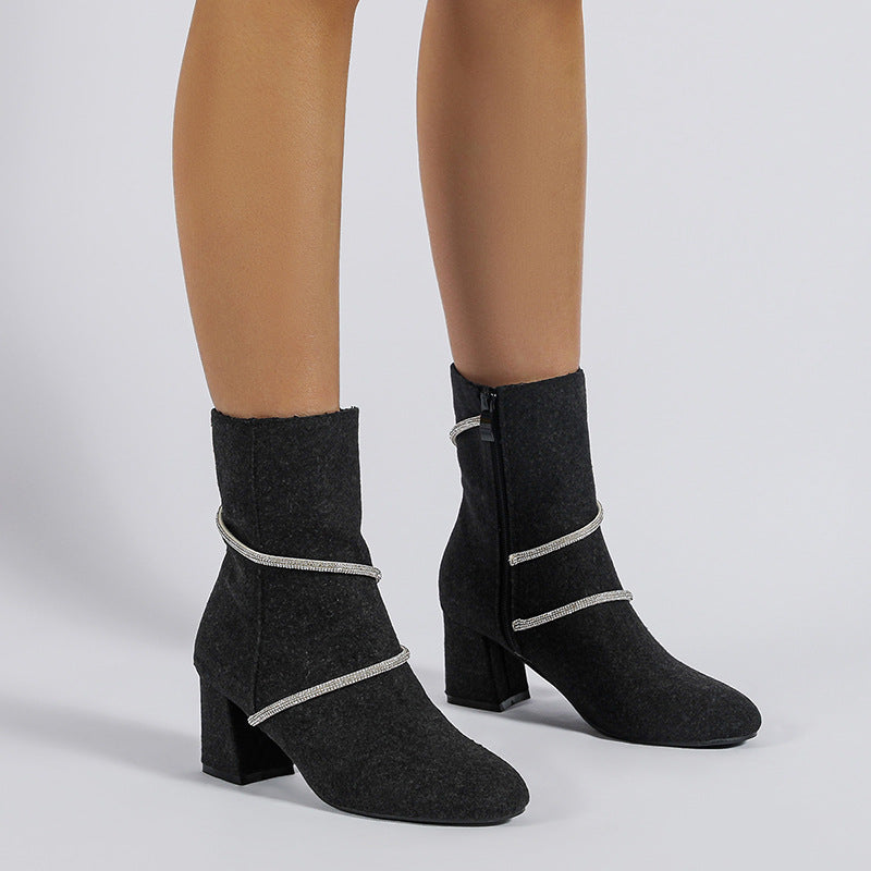 Orthopedic Balance Mid-Heel Boots With Rhinestone Chain - Unique And Elegant