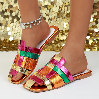 Lioraine | Women’s Orthopedic Rainbow Metallic Slide Sandals