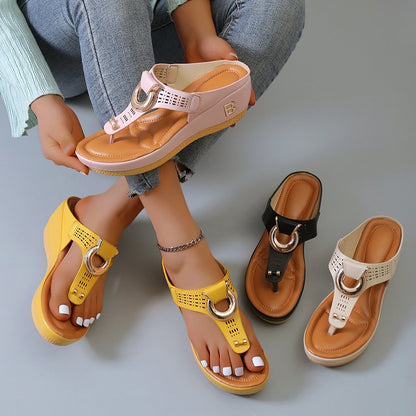 Orthopedic Balance High Heel Thong Sandals With Metallic Decorations