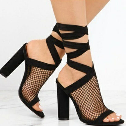 NoirLace | Bandage Block Heel Sandals with Mesh Detail