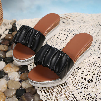 Orthopedic Balance Pleated Cross Strap Wedge Slide Sandals