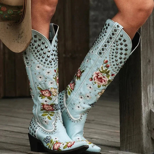 Orthopedic Balance Floral Blue Studded Pointed Toe Boots