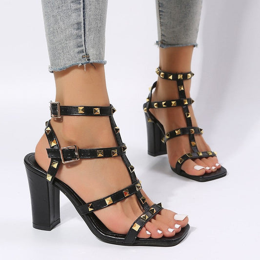 Orthopedic Balance Rivet Sandals With Square Heels - Gladiator Elegance