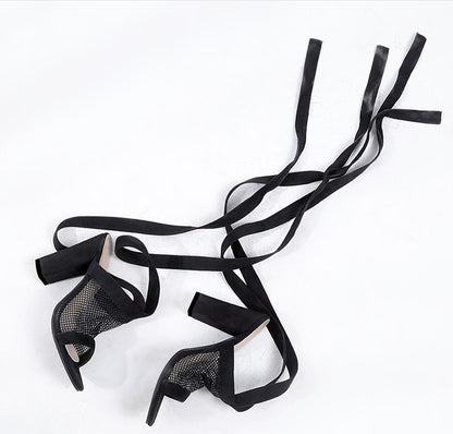 NoirLace | Bandage Block Heel Sandals with Mesh Detail