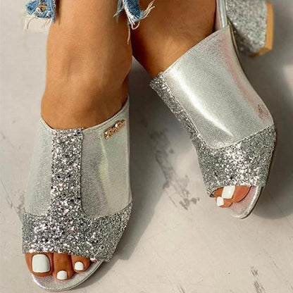 Hallie | Women’s Glitter Block Heel Slip-On Sandals