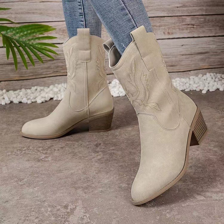 Orthopedic Balance Embroidered Western Boots - Chunky Heel