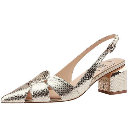 Metallic Pointed Toe Slingback Block Heels