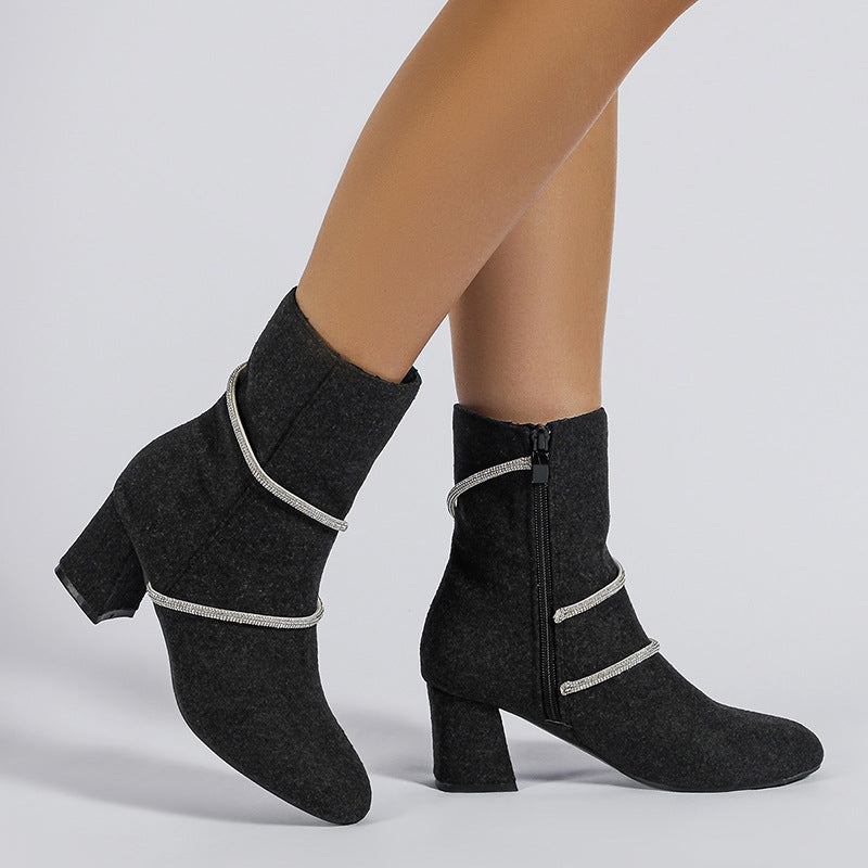 Orthopedic Balance Mid-Heel Boots With Rhinestone Chain - Unique And Elegant