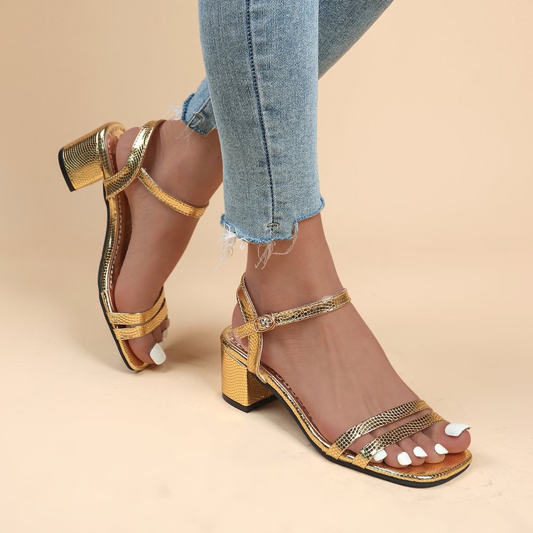 Orthopedic Balance Metallic Ankle Strap Block Heel Sandals