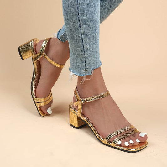 Orthopedic Balance Metallic Ankle Strap Block Heel Sandals