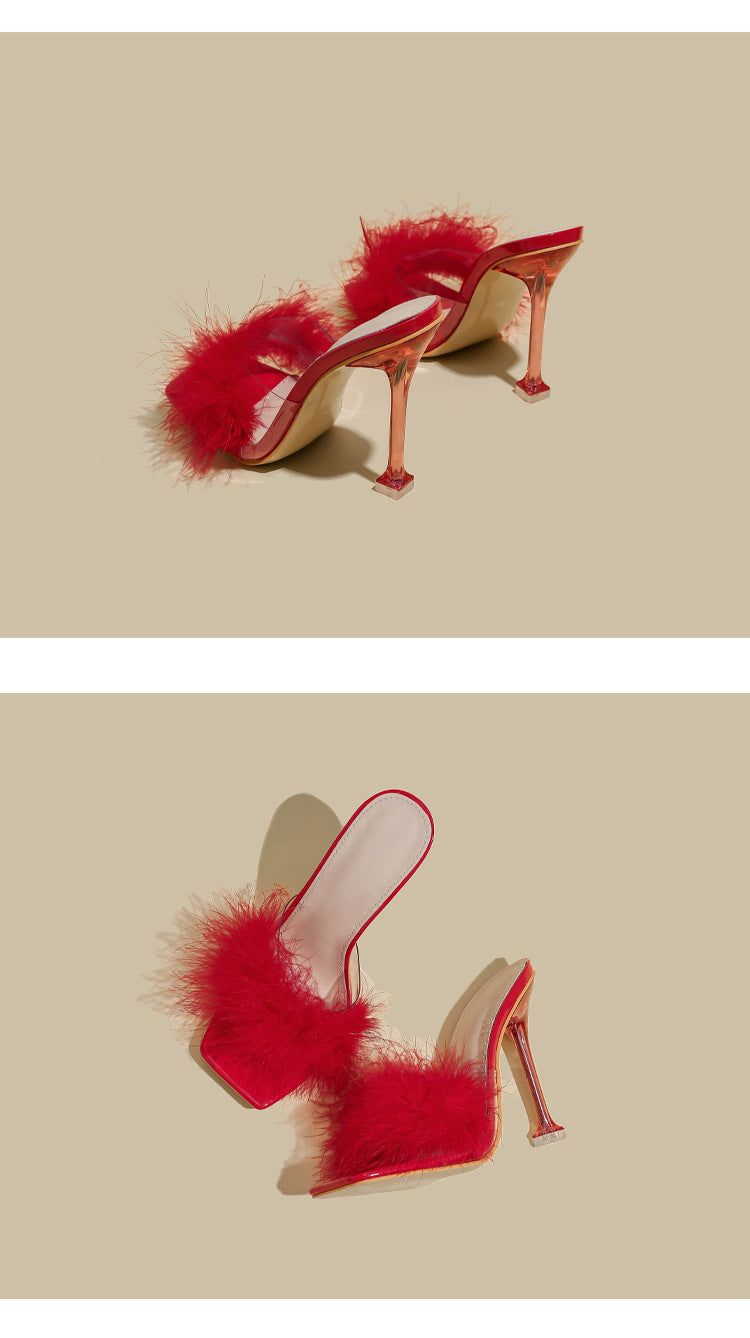 Orthopedic Balance Crystal And Fur Stiletto Heel Sandals
