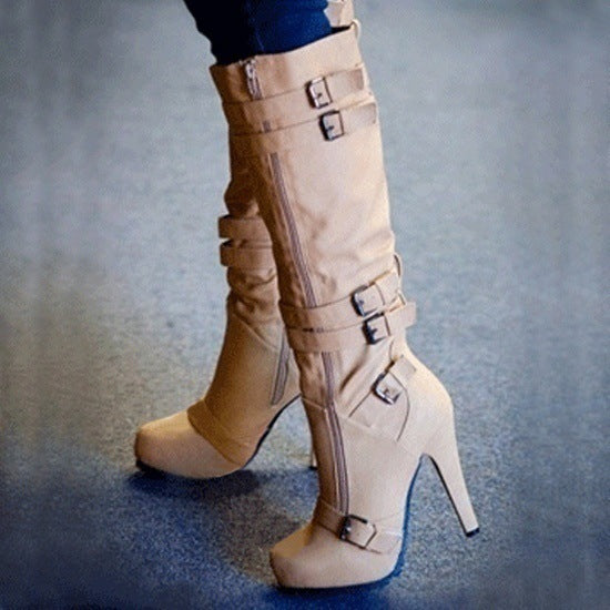Bela | Retro High-Heel Boots – Zipper & Buckle Knee-High Booties