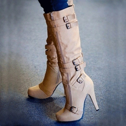 Bela | Retro High-Heel Boots – Zipper & Buckle Knee-High Booties