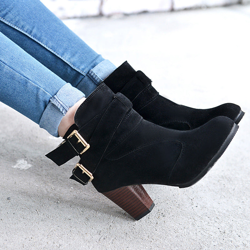 Althea | Suede Ankle Boots with Chunky Heel & Double Buckle Detail